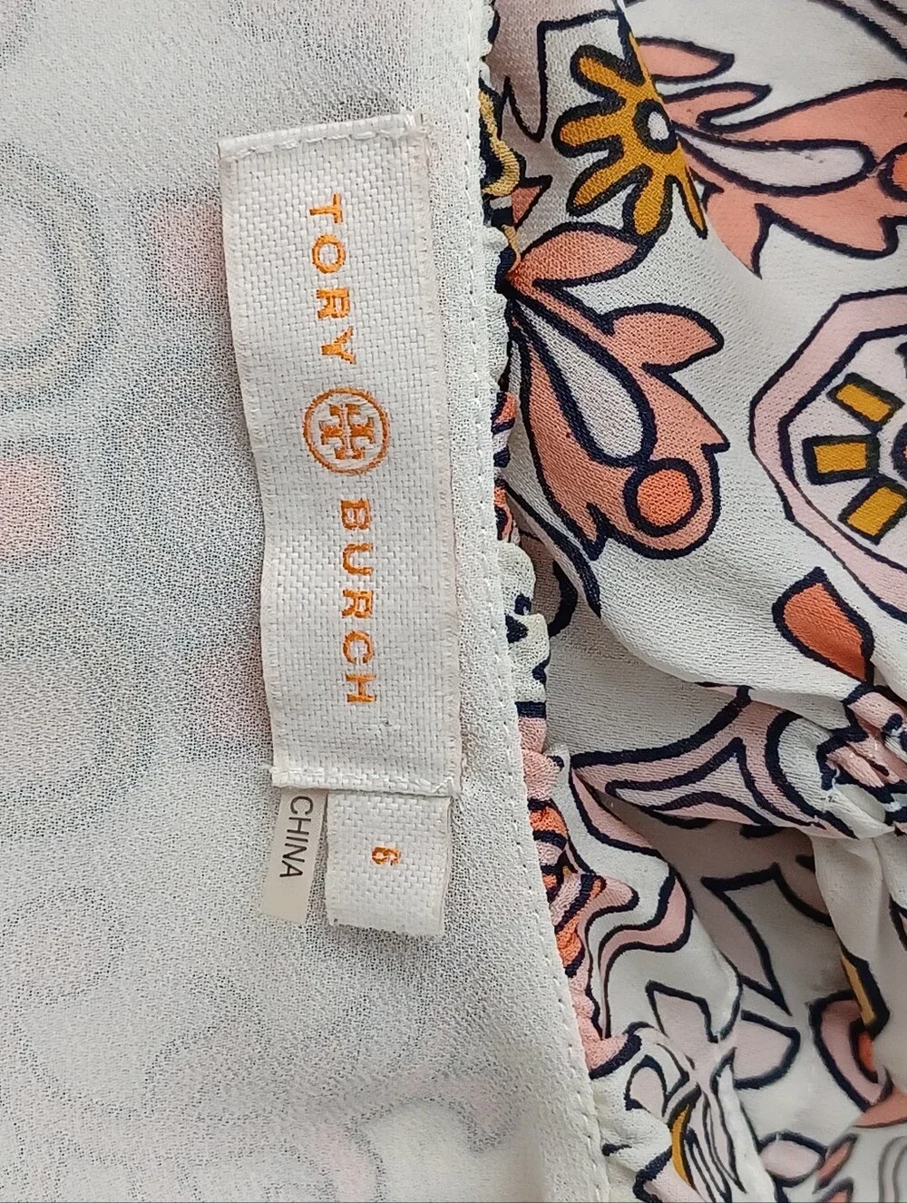 Tory Burch Serena Print Silk Dress Size 6 Women Drawstring Tie Neck Feminine